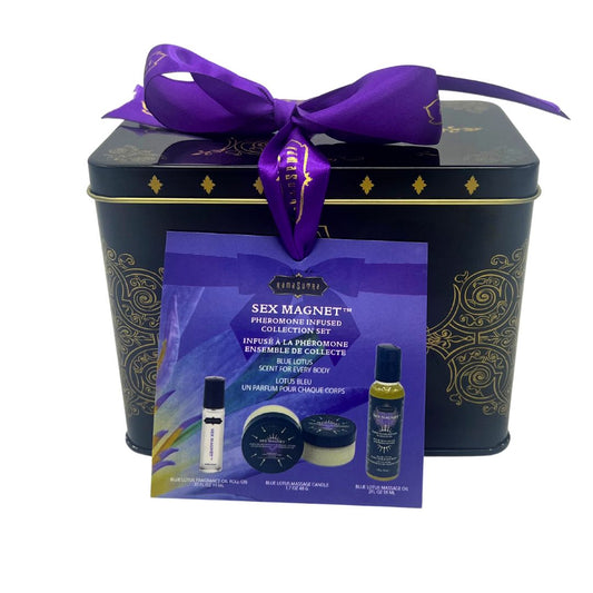 Sex Magnet Pheromone BLUE LOTUS Gift Set Includes Roll On Fragrance, Massage Oil, Massage Candle - Sheets Optional