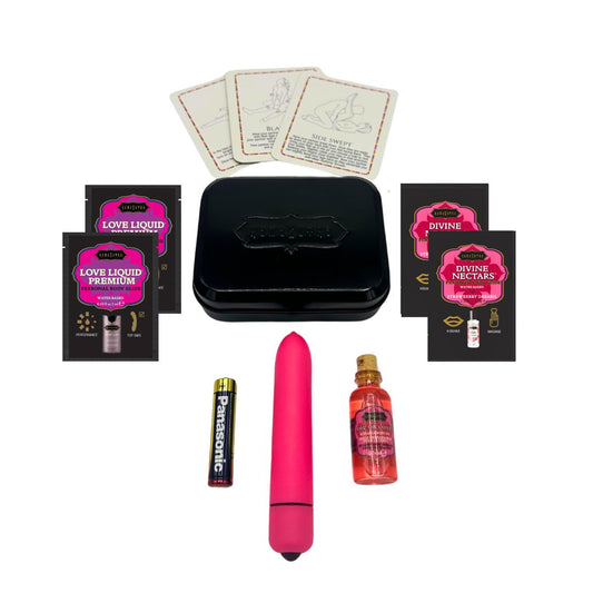 WEEKENDER KIT VIBE Strawberry Dreams Includes: Oil of Love, Reusable 10 speed mini vibe, Massage Oil, Love Liquid and Erotic Playcards - Sheets Optional