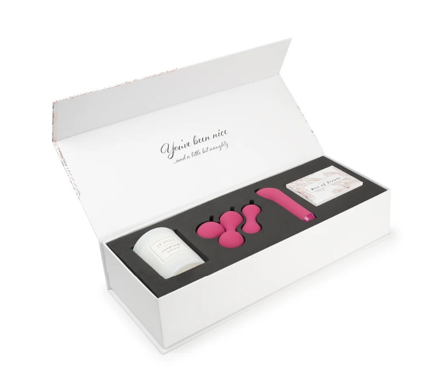 Nice and Naughty Gift Set: White, Pink - Candle, Ami, G-Spot Bullet, Treat Cards - Sheets Optional