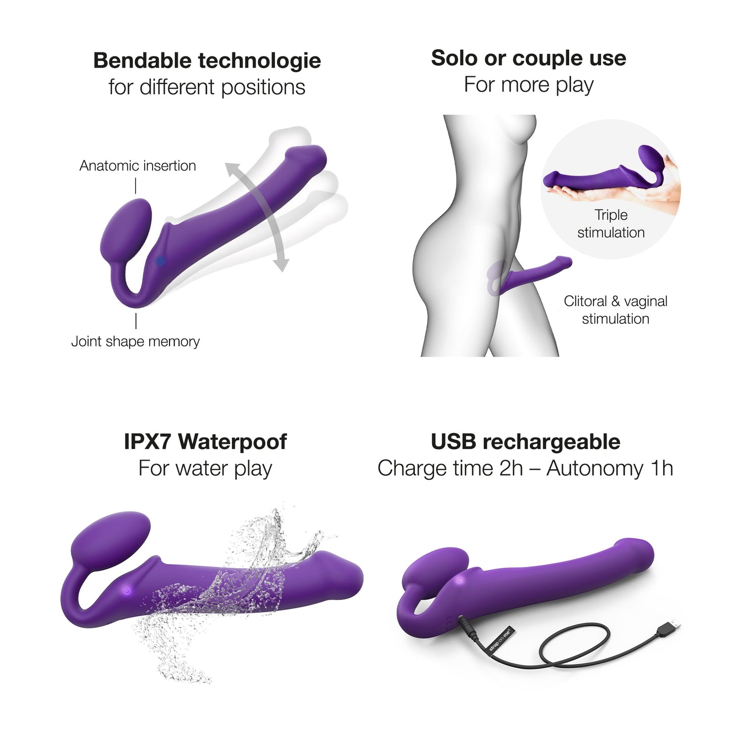 VIBRATING BENDABLE STRAP-ON - L - PURPLE - Sheets Optional