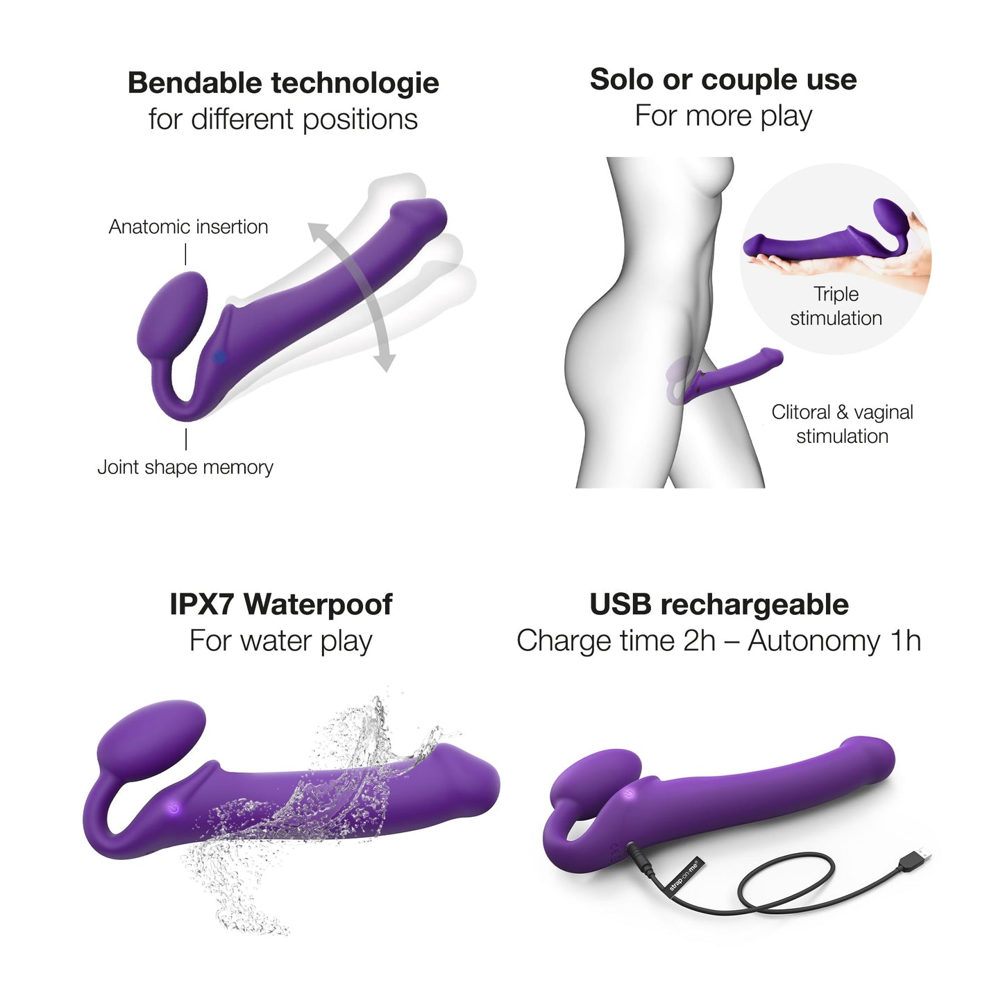 VIBRATING BENDABLE STRAP-ON - XL - PURPLE - Sheets Optional