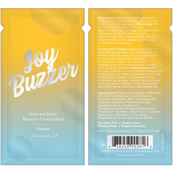 JOY BUZZER FLAVOR FREE AROUSAL BALM NAKED - FOIL - 0.13 floz | 4 mL - Sheets Optional
