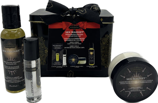 Sex Magnet Pheromone Vanilla Amber Gift Set Includes: Roll On Fragrance, Massage Oil, Massage Candle - Sheets Optional