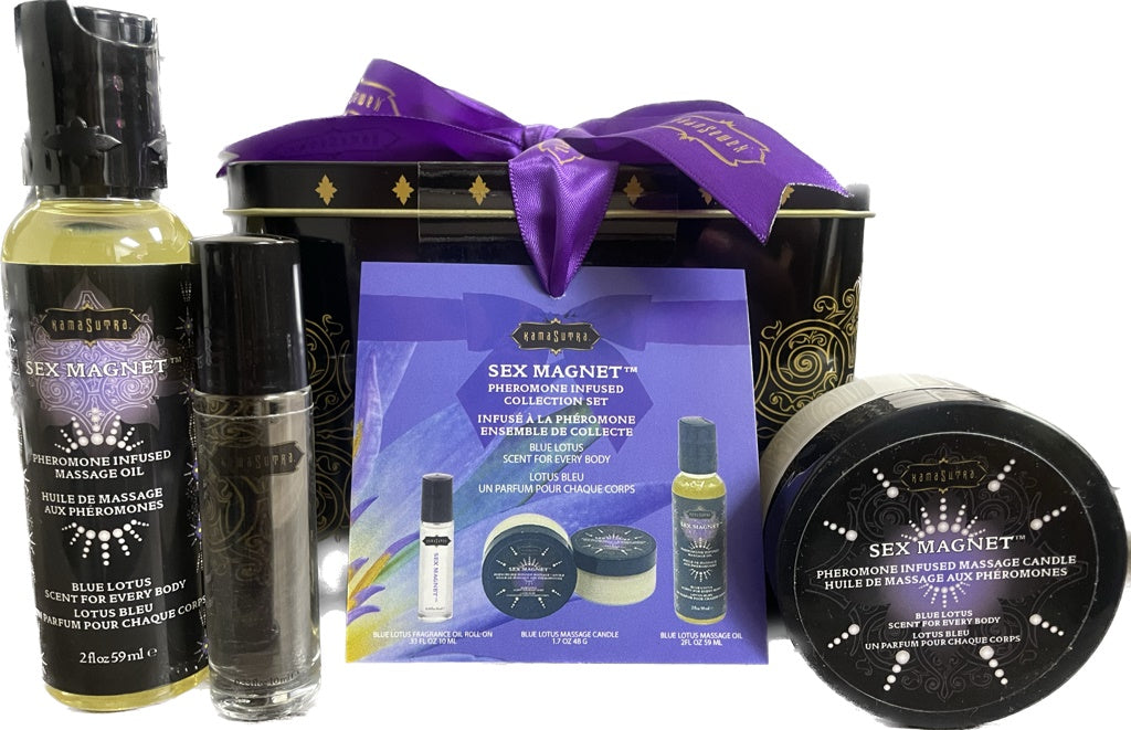 Sex Magnet Pheromone BLUE LOTUS Gift Set Includes Roll On Fragrance, Massage Oil, Massage Candle - Sheets Optional