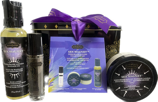 Sex Magnet Pheromone BLUE LOTUS Gift Set Includes Roll On Fragrance, Massage Oil, Massage Candle - Sheets Optional