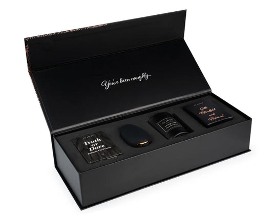 Naughty Gift Set: Black Truth or Dare Cards, Mimi, Massage Candle, Silk Blindfold & Restraint - Sheets Optional