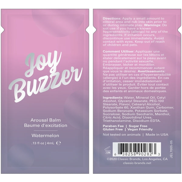 JOY BUZZER Clitoral Arousal Balm - Watermelon - Foil - 0.13 floz l 4 mL - Sheets Optional