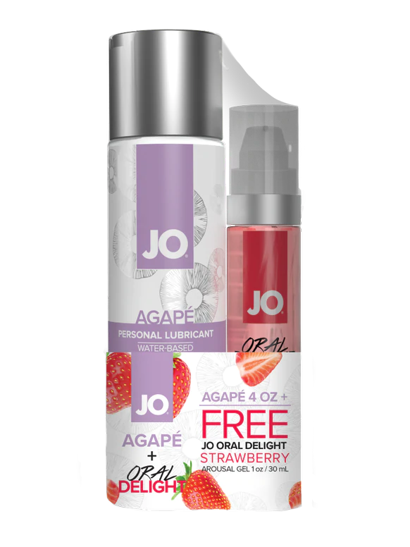 JO Agape 4oz + GWP JO Oral Delight Strawberry Arousal Gel 1oz - Sheets Optional