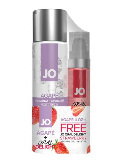 JO Agape 4oz + GWP JO Oral Delight Strawberry Arousal Gel 1oz - Sheets Optional