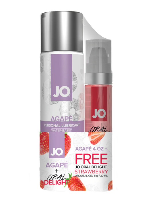 JO Agape 4oz + GWP JO Oral Delight Strawberry Arousal Gel 1oz - Sheets Optional