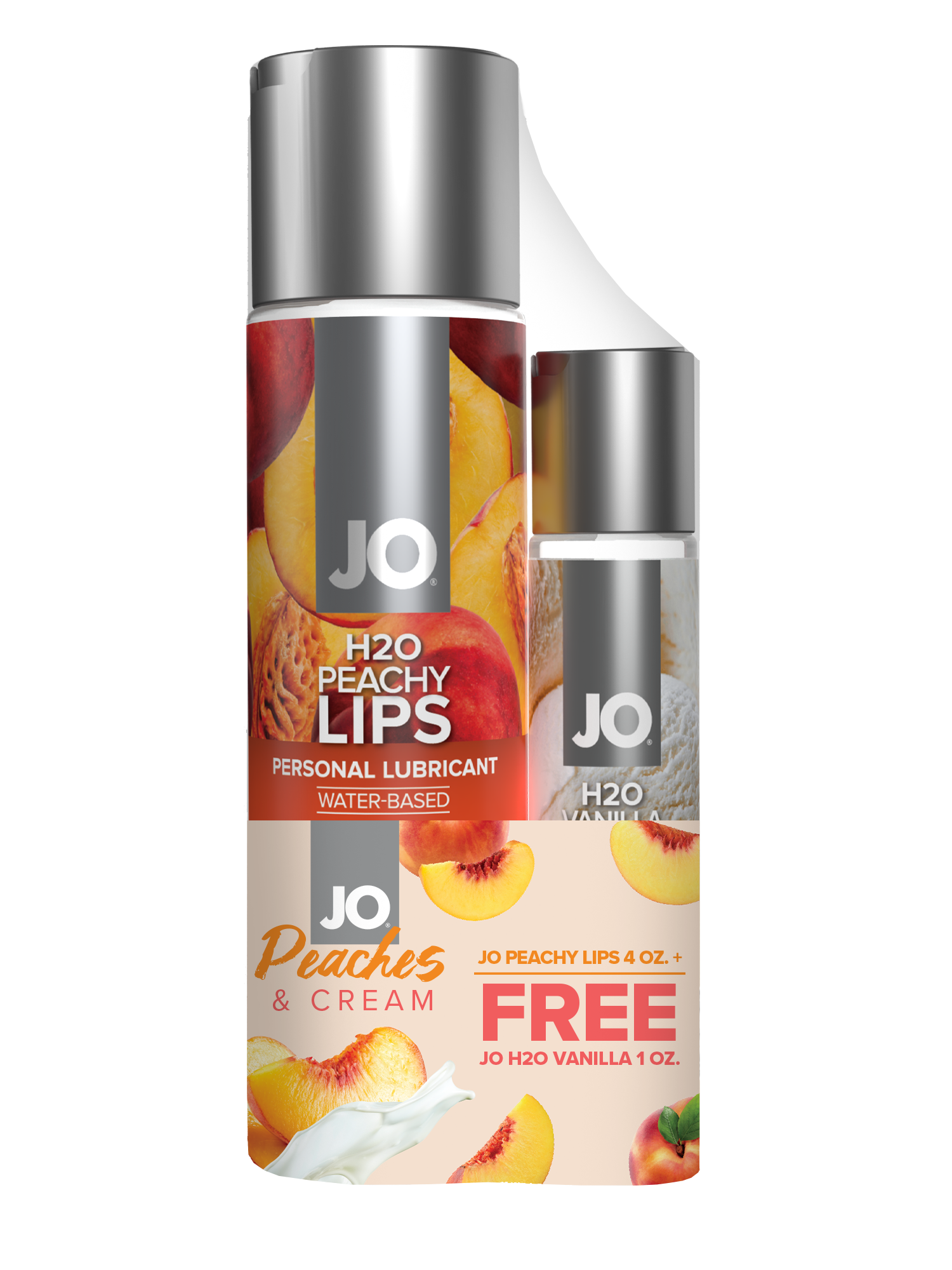 JO Peaches & Cream - JO Peachy Lips 4 fl.oz. + GWP JO H2O Vanilla 1 fl.oz - Sheets Optional